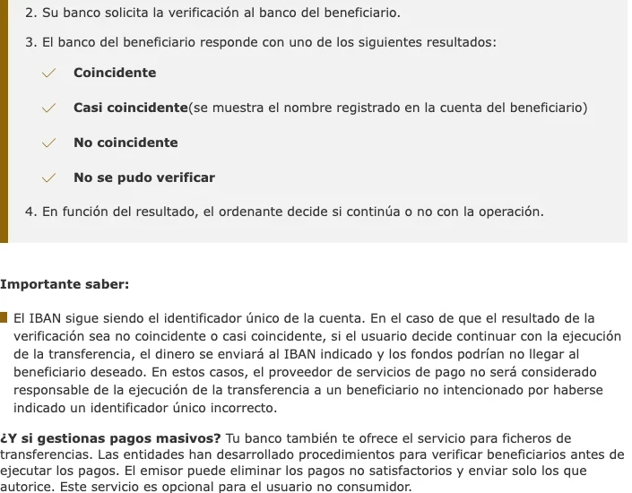 Portal del Cliente Bancario del Banco de España sobre la verificación del beneficiario: pasos 2 a 4, con los cuatro resultados Coincidente, Casi coincidente (se muestra el nombre registrado en la cuenta del beneficiario), No coincidente y No se pudo verificar; debajo, el apartado Importante saber sobre el IBAN como identificador único y el párrafo sobre pagos masivos