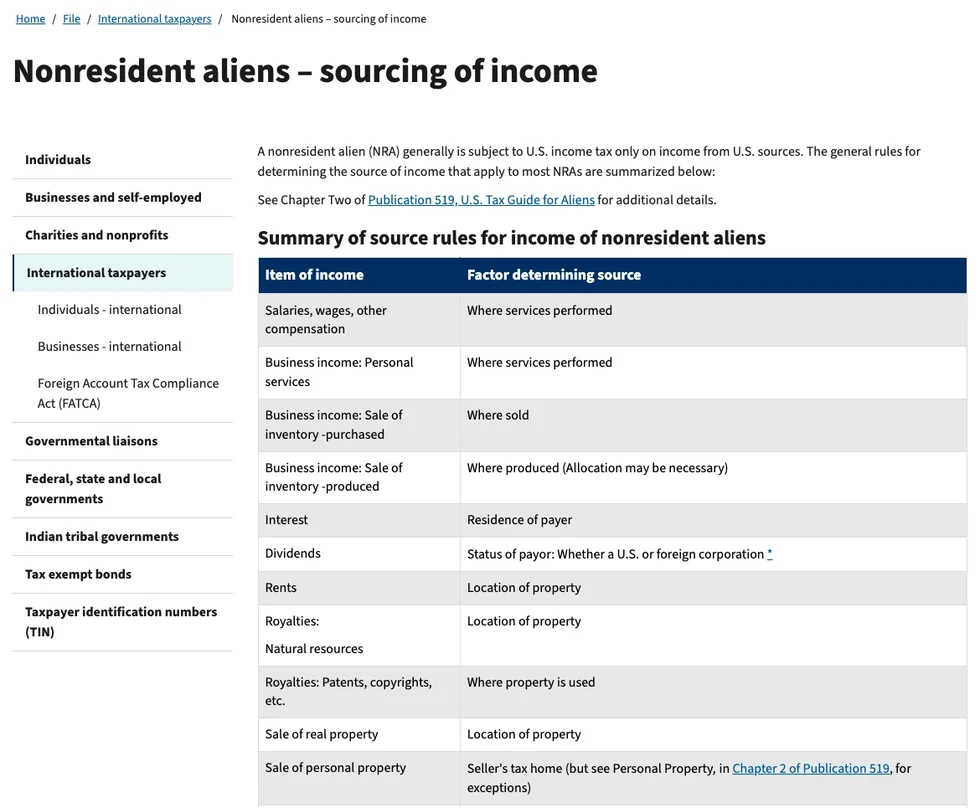 IRS 官网 Nonresident aliens – sourcing of income 页面截图,表格左列是收入项目,右列是来源判定因素,Salaries, wages, other compensation 与 Business income: Personal services 两行右侧都是 Where services performed