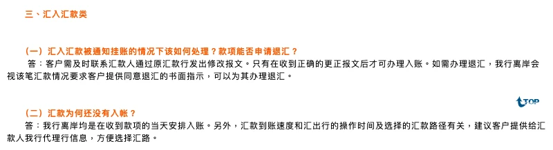 浦发银行离岸网银常见业务问答「三、汇入汇款类」页面截图,第(一)问为汇入汇款被通知挂账的情况下该如何处理、款项能否申请退汇,答案提到修改报文、更正报文和同意退汇的书面指示,下方是第(二)问汇款为何还没有入帐