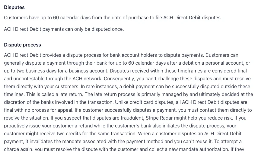 Stripe 文档 ACH Direct Debit 页 Disputes 与 Dispute process 两节的英文原文截图,段落里有 60 calendar days、personal account、two business days for a business account、final and uncontestable 和 late return 等字样