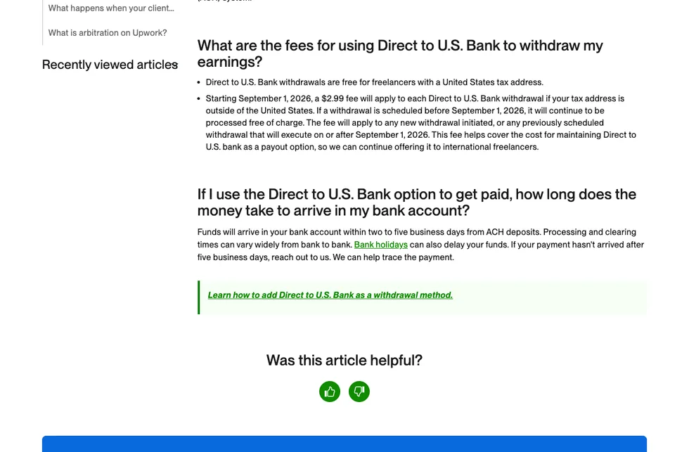 Upwork 帮助中心 Direct to U.S. Bank 收费说明截图:美国税务地址免费,税务地址在美国以外的从 2026 年 9 月 1 日起每笔 2.99 美元,ACH 两到五个工作日到账